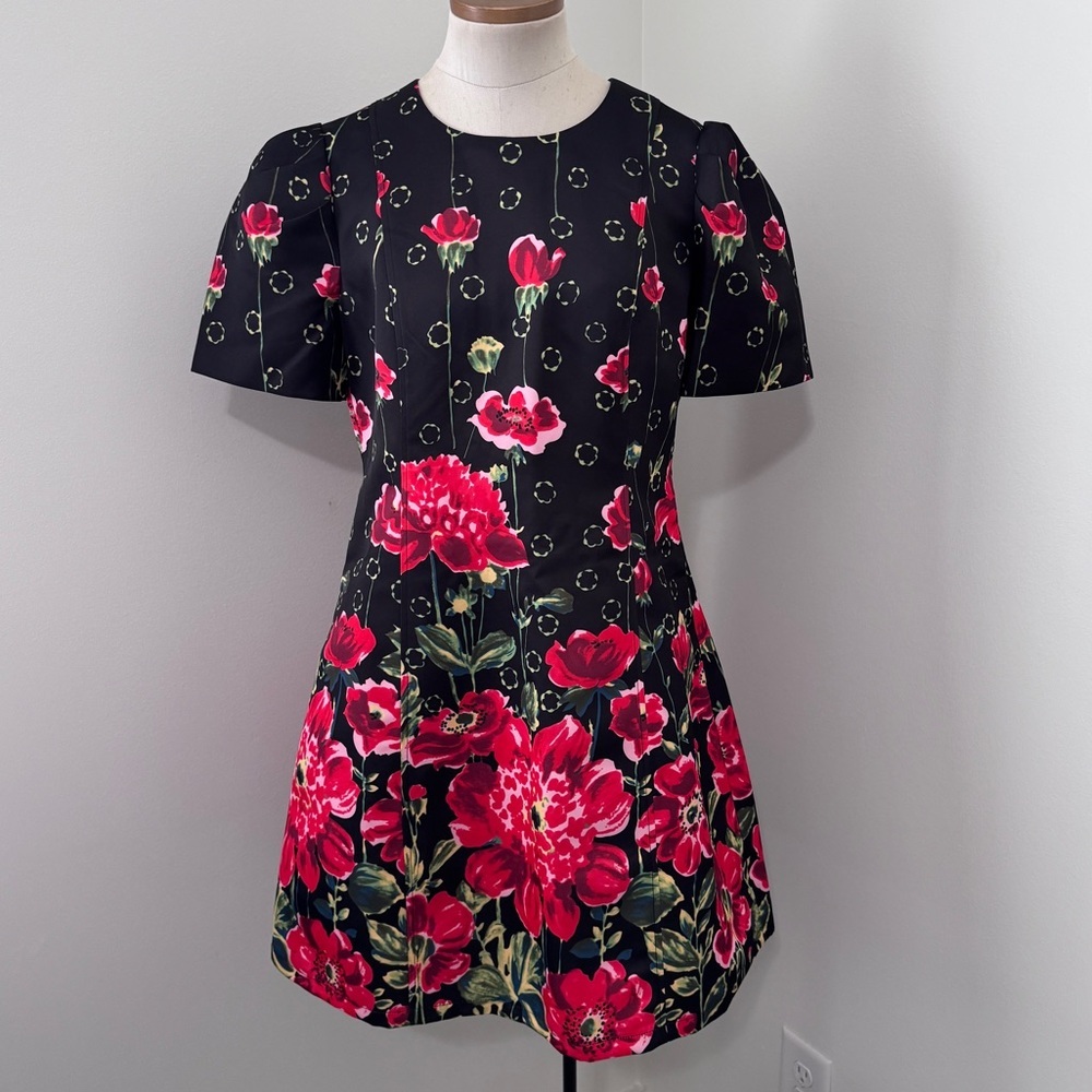 NEW Floral Bea NYC Large Red & Black Floral Mini Dress ~‎ Puff Sleeve Pockets